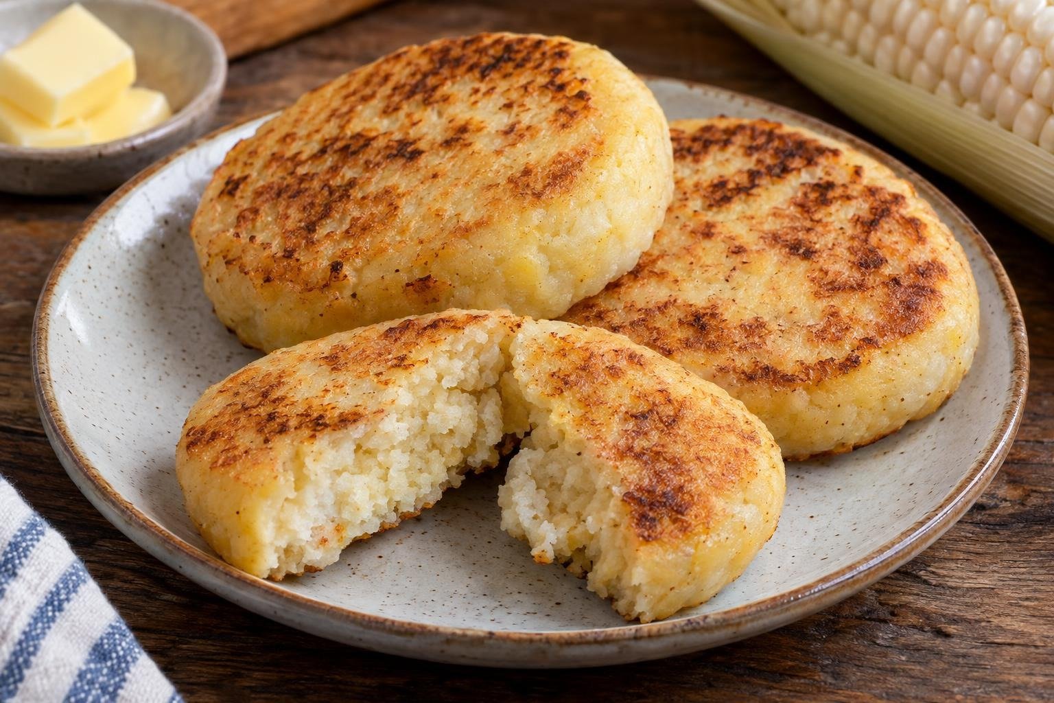 Arepas tolimenses gruesas de maíz pelao, doradas en sartén y servidas calientes sobre un plato de cerámica.