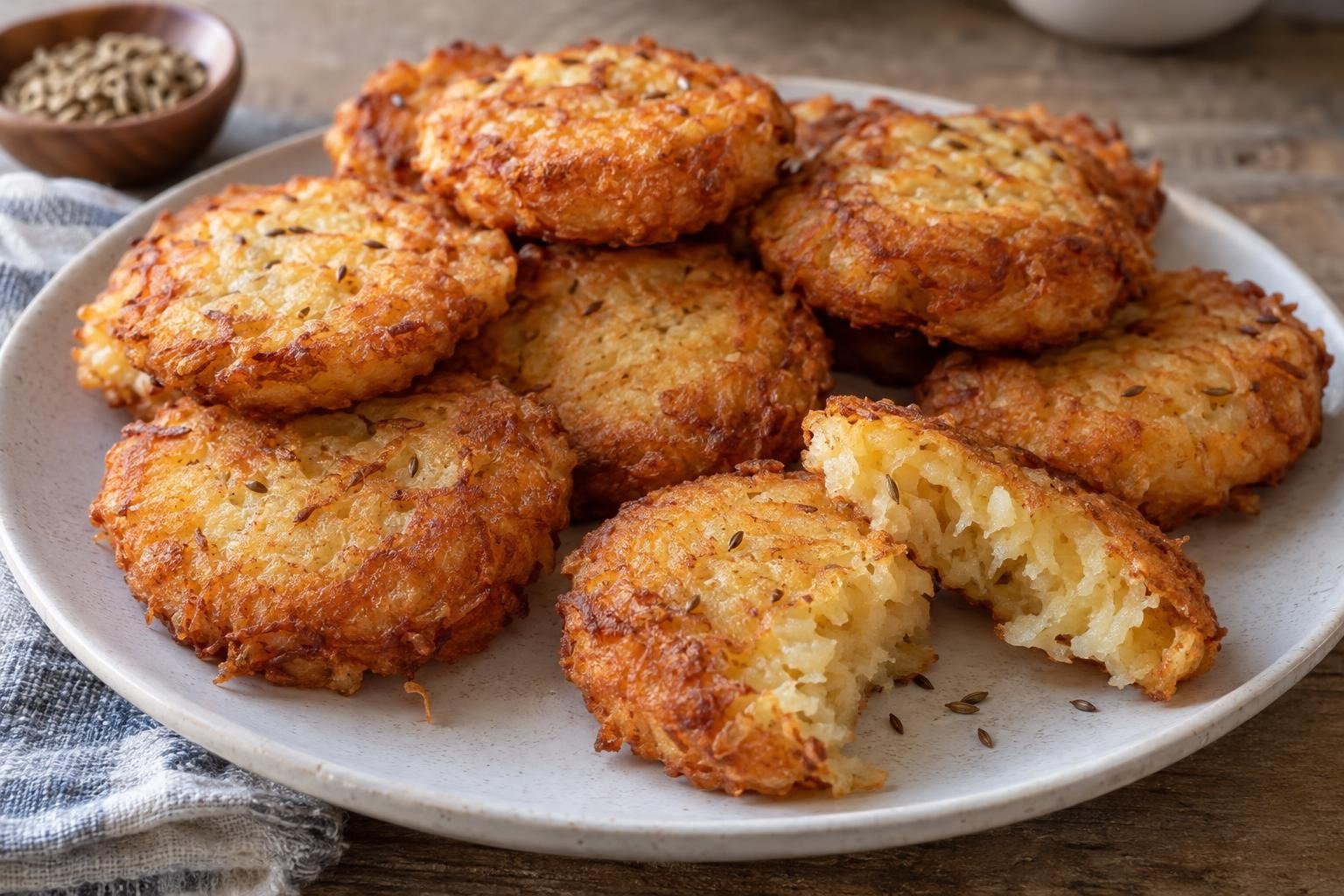 Arepitas dominicanas de yuca con anís, doradas y crujientes, servidas apiladas en un plato.