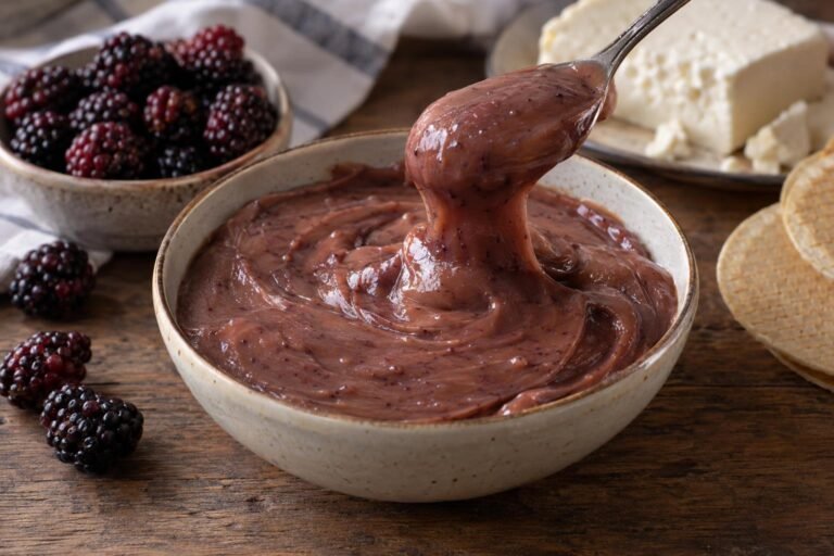 Arequipe de mora colombiano cremoso servido en un cuenco con moras, queso fresco y obleas