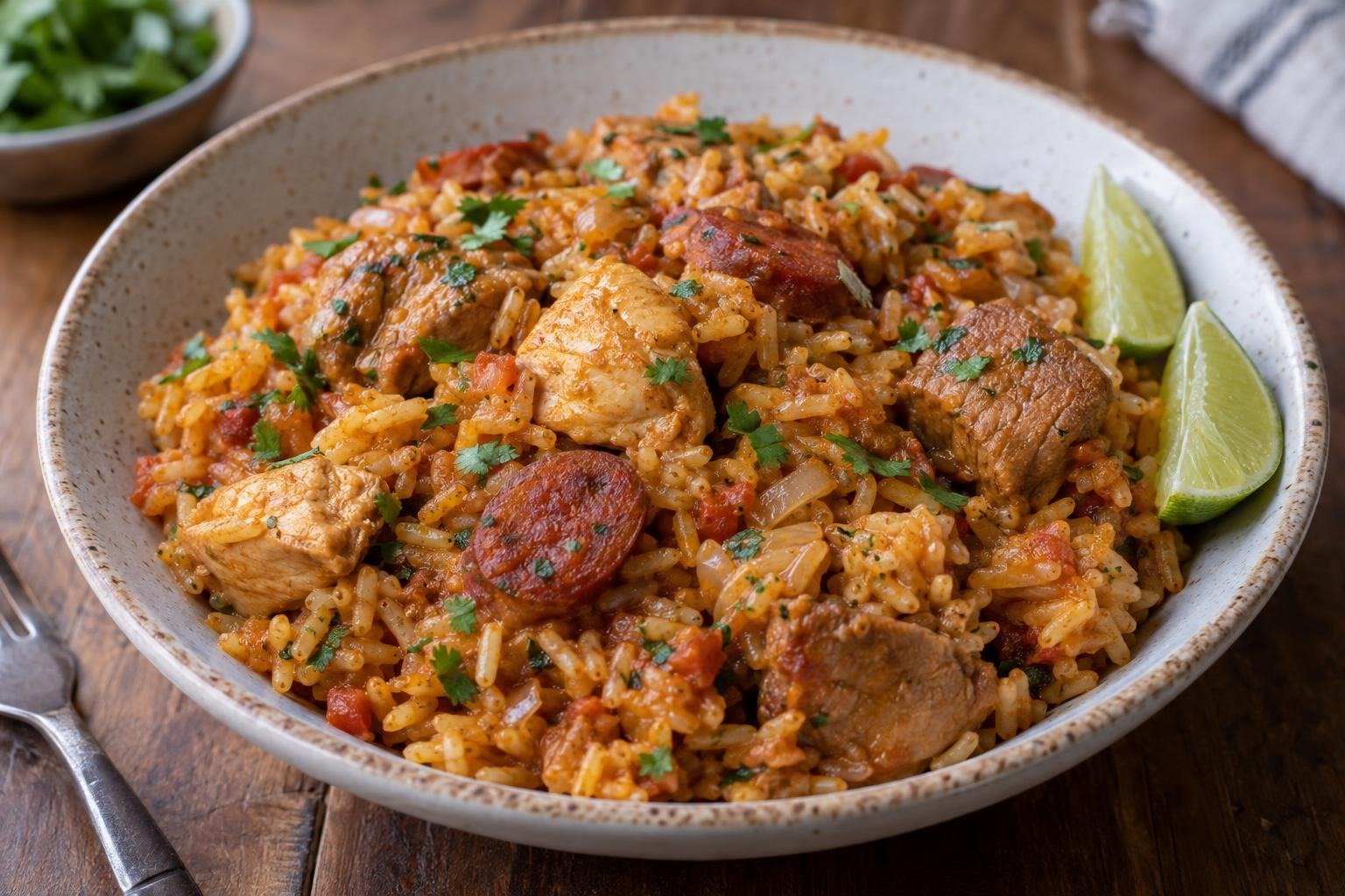 Porción de arroz atollado colombiano húmedo con pollo, cerdo, chorizo, tomate, cebolla y cilantro.