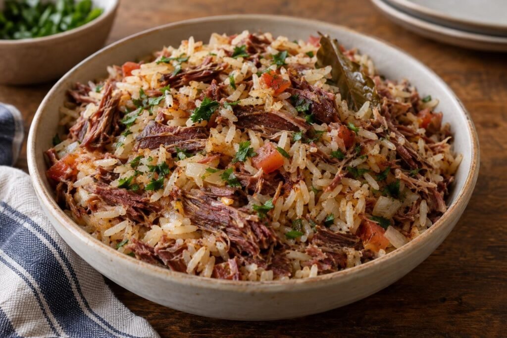 Arroz carreteiro brasileño servido con arroz suelto, hebras de carne seca, tomate, cebolla y perejil fresco.