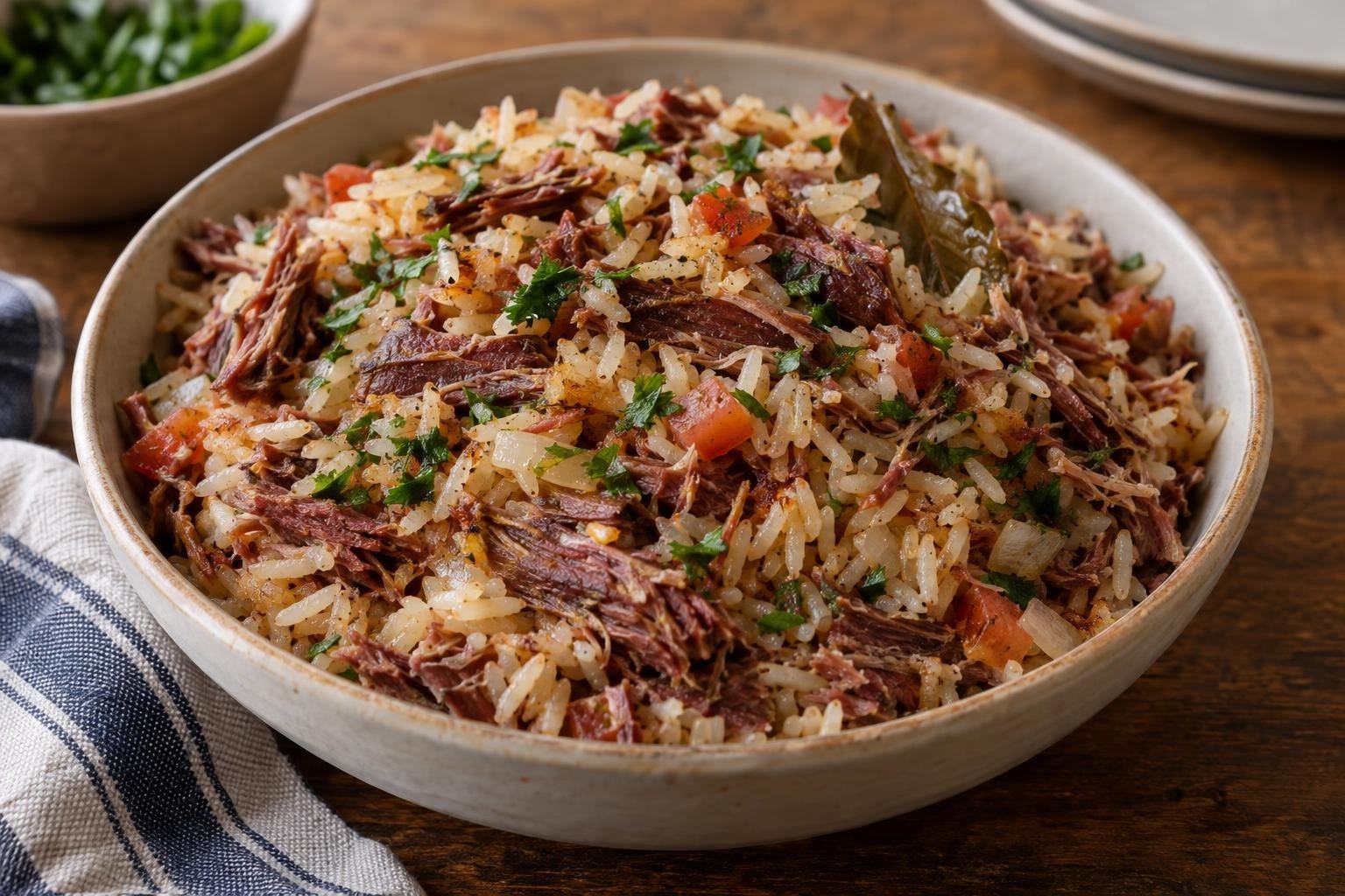 Arroz carreteiro brasileño servido con arroz suelto, hebras de carne seca, tomate, cebolla y perejil fresco.
