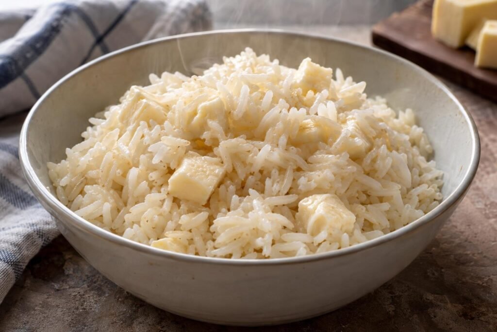 Porción de arroz clavado chocoano con granos tiernos y húmedos y cubos de queso fresco ablandado entre el arroz.