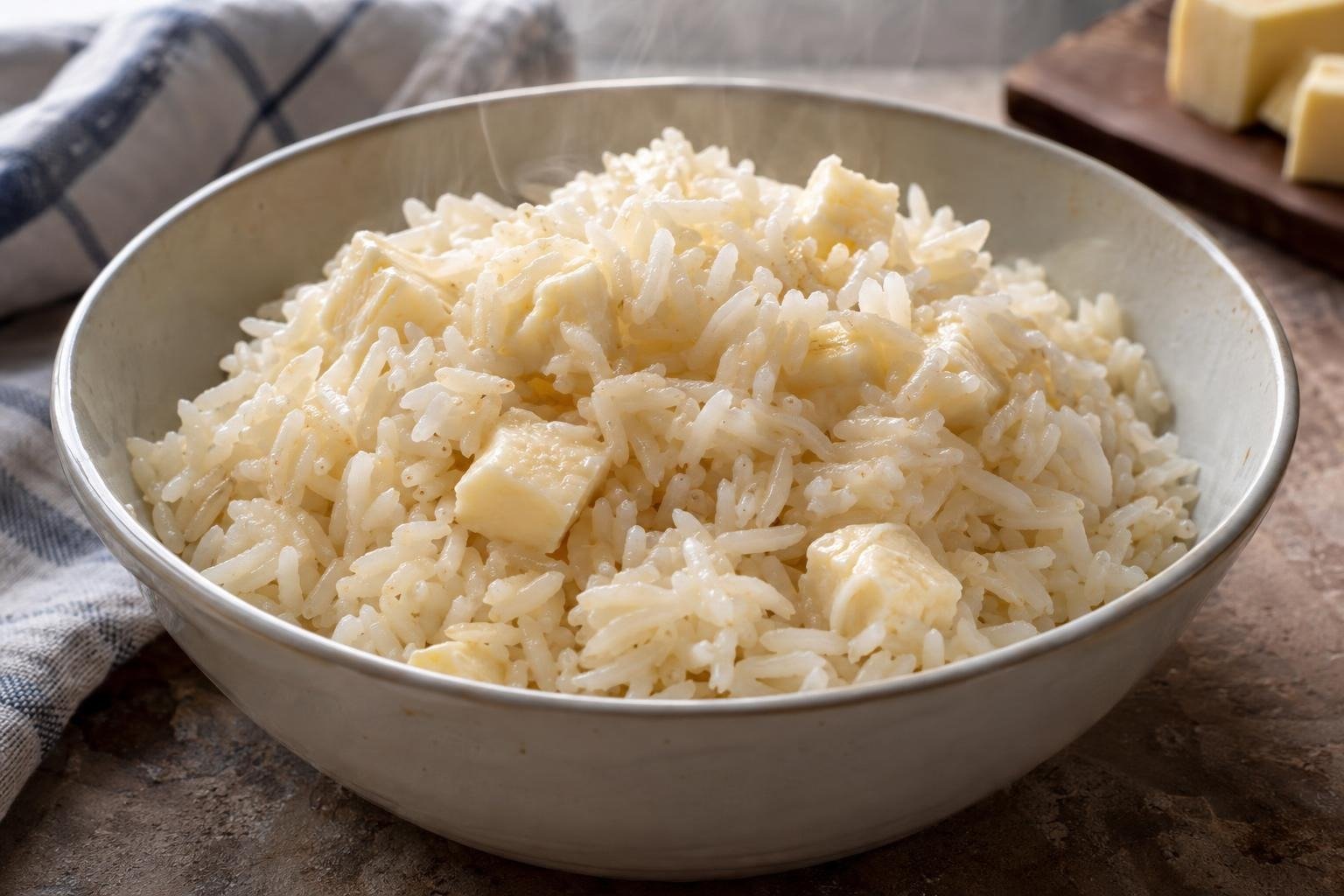 Porción de arroz clavado chocoano con granos tiernos y húmedos y cubos de queso fresco ablandado entre el arroz.