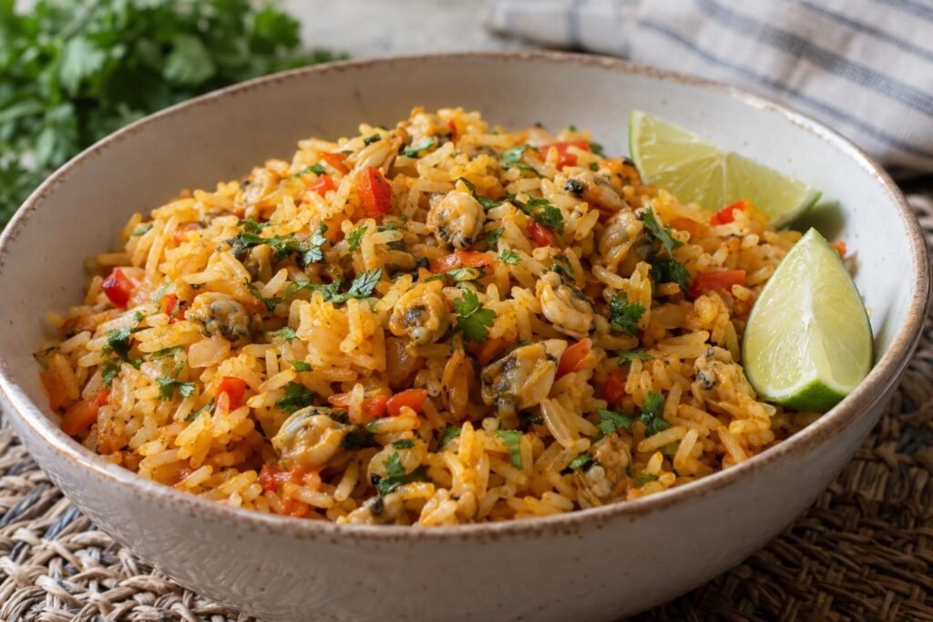 Porción de arroz con chipi chipi cartagenero con arroz suelto, moluscos, cilantro y limón