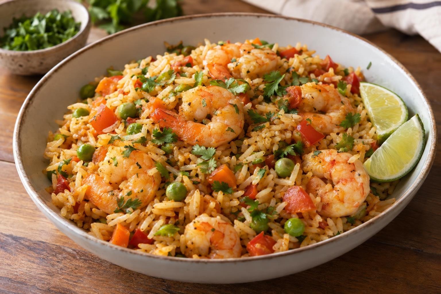 Arroz costeño colombiano servido con camarones tiernos, verduras, cilantro y gajos de limón.