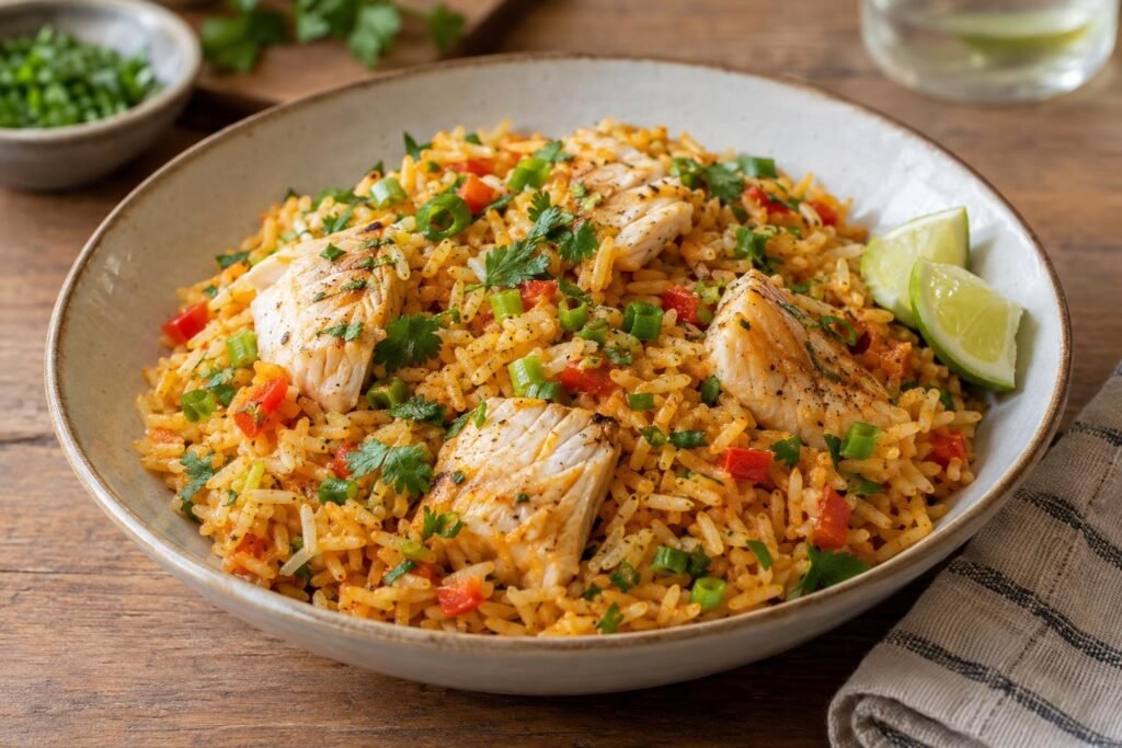 Arroz de lisa barranquillero con granos sueltos, trozos tiernos de pescado, sofrito costeño, cilantro y gajos de limón.