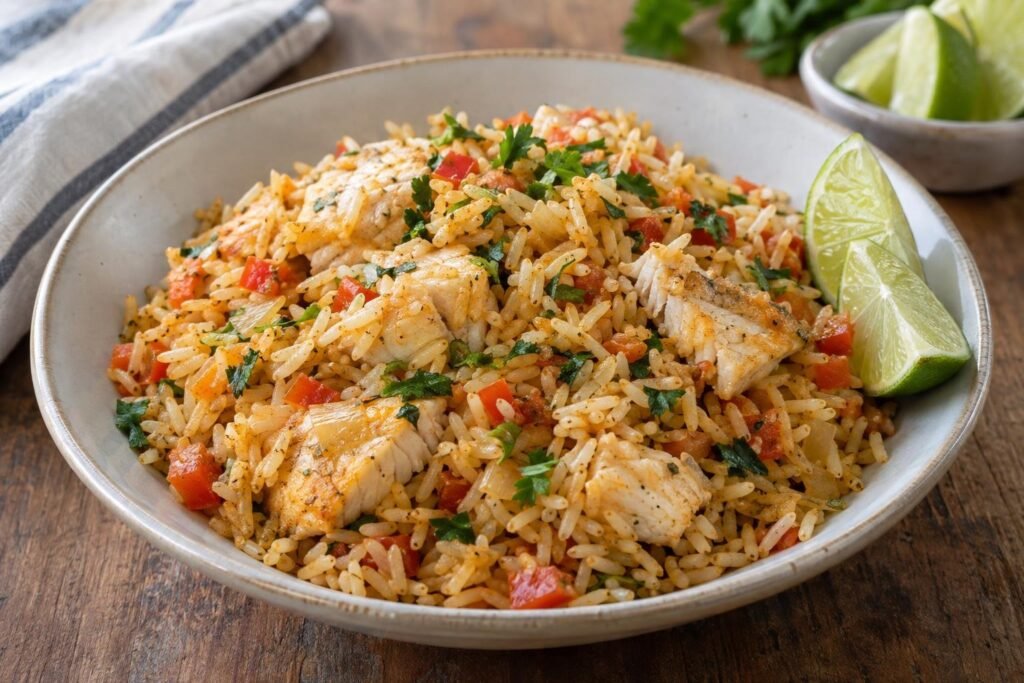 Porción de arroz de lisa barranquillero con trozos de pescado, cilantro y gajos de limón.