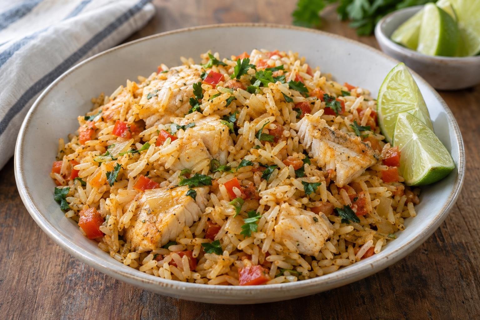 Porción de arroz de lisa barranquillero con trozos de pescado, cilantro y gajos de limón.