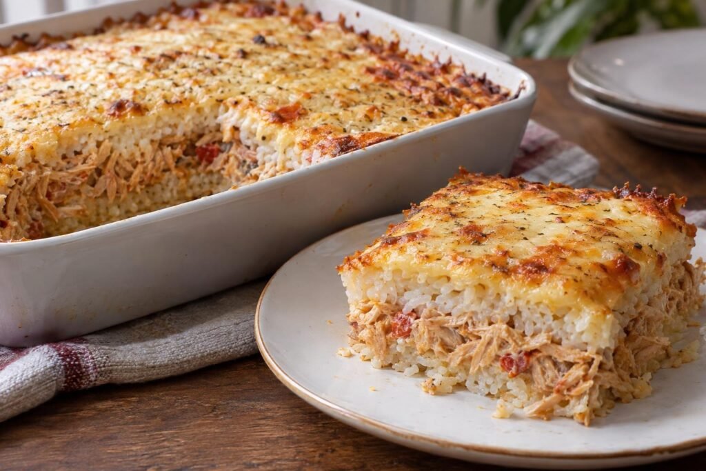 Porción de arroz imperial cubano con capas de arroz, pollo desmechado y queso gratinado dorado.