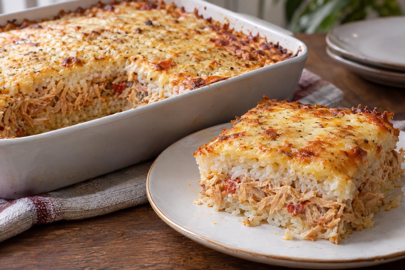 Porción de arroz imperial cubano con capas de arroz, pollo desmechado y queso gratinado dorado.
