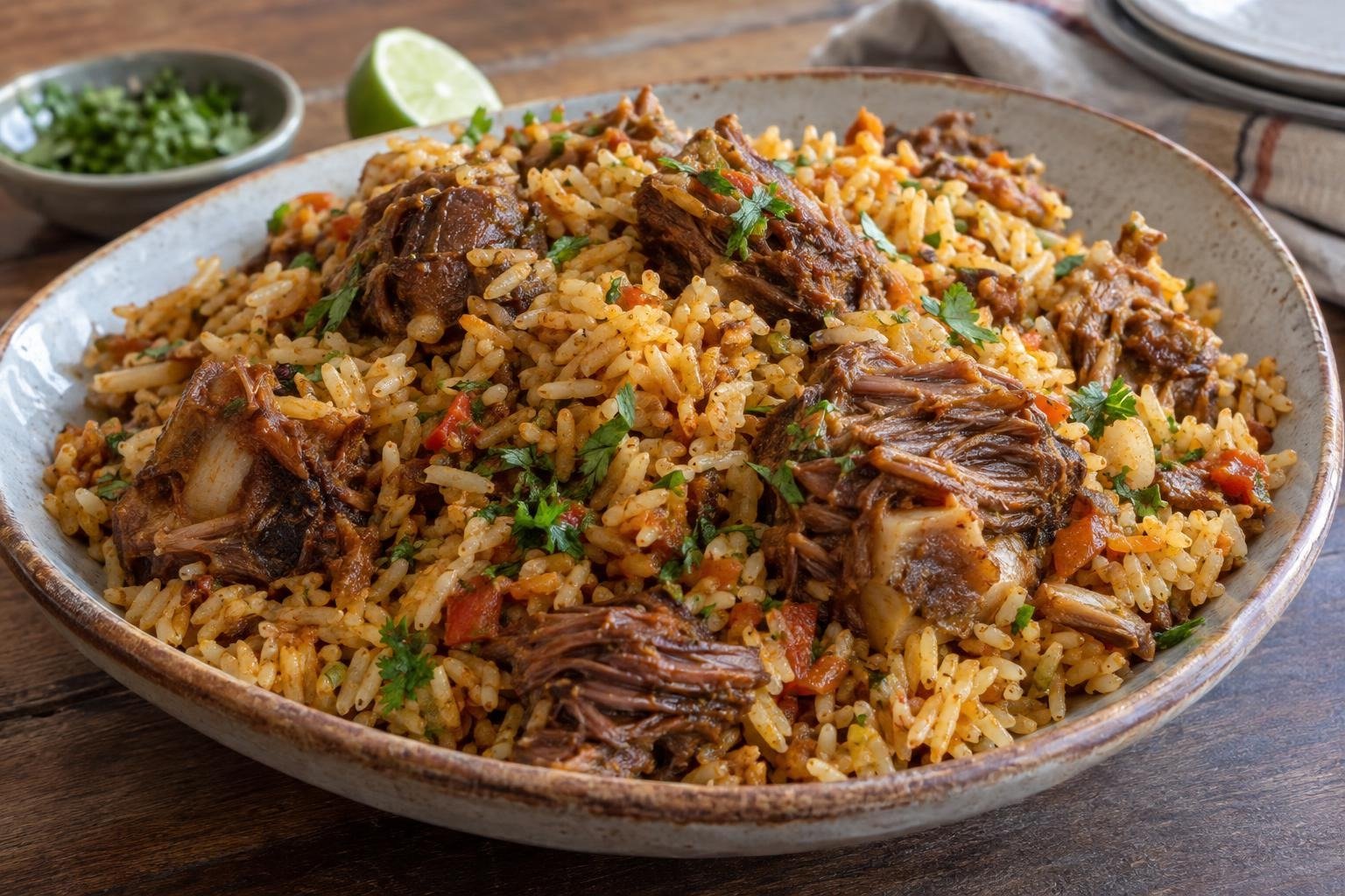 Arroz llanero de grano suelto con carne tierna de rabo de res desmechada y cilantro fresco.