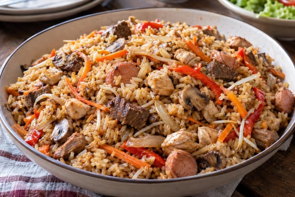 Arroz tres carnes colombiano servido con arroz suelto, pollo, res, cerdo, salchichas, verduras y champiñones.