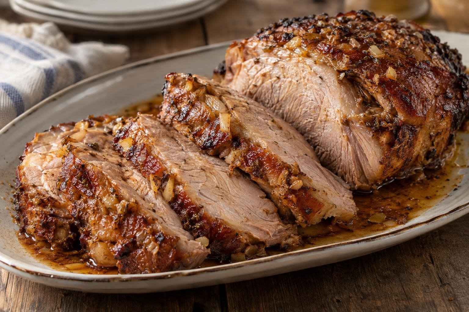 Tajadas de asado huilense de cerdo al horno, doradas y jugosas, servidas con los jugos del adobo.