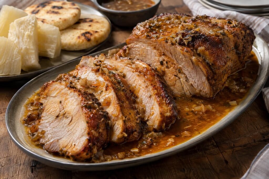 Tajadas gruesas de asado huilense de cerdo al horno con adobo dorado, jugos de cocción, arepas y yuca