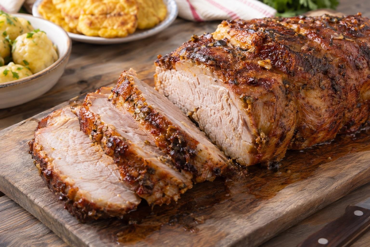 Asado huilense de cerdo al horno, dorado y rebanado, con jugos del adobo en la bandeja