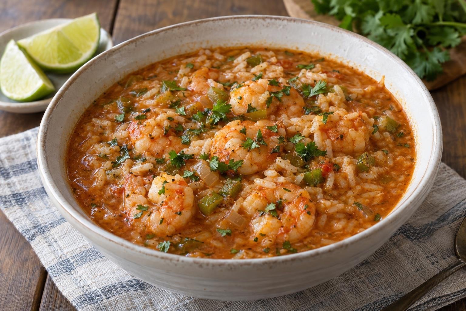 Plato hondo de asopao dominicano de camarones con arroz caldoso, camarones rosados, cilantro y limón
