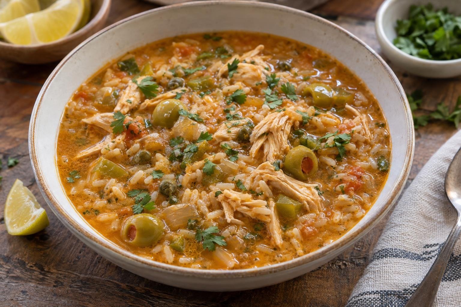 Asopao dominicano de pollo con arroz tierno, caldo espeso, aceitunas verdes, cilantro y limón servido en un plato hondo.