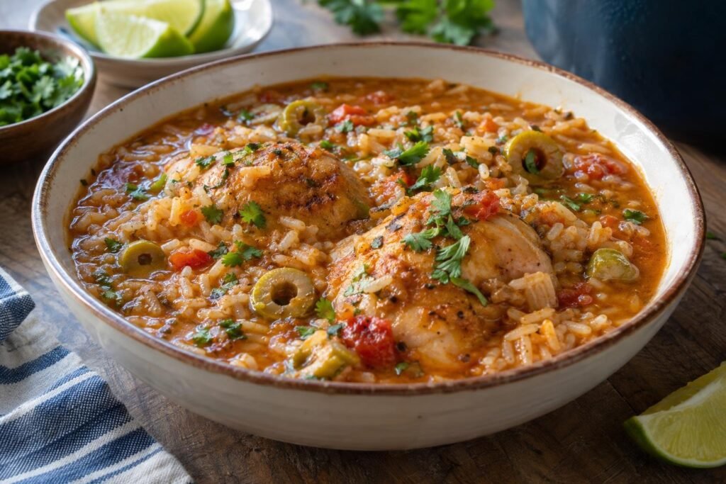 Plato hondo de asopao puertorriqueño de pollo con arroz, caldo de tomate, aceitunas verdes y cilantro