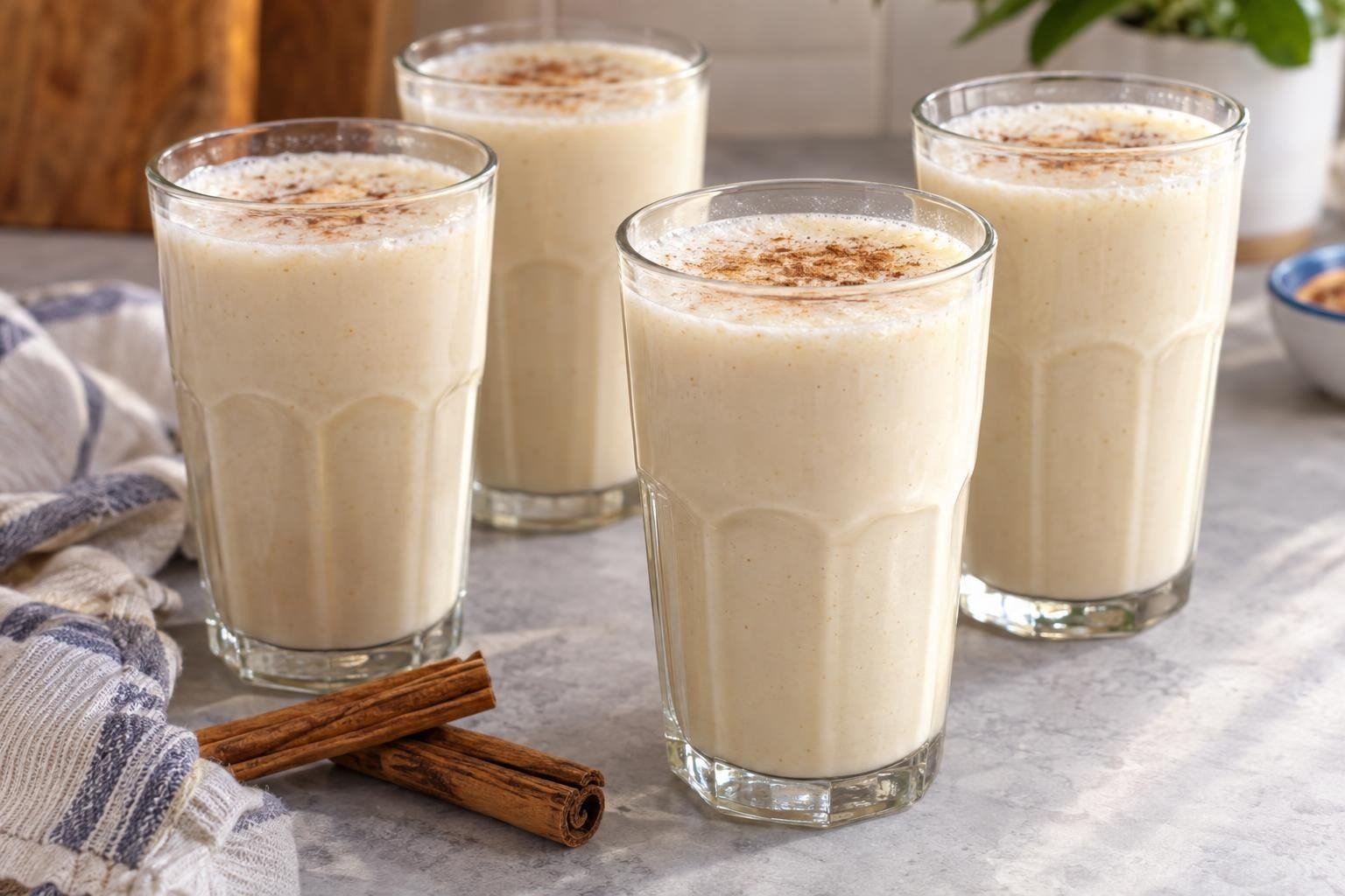 Vasos de avena colombiana casera, espesa y fría, con canela