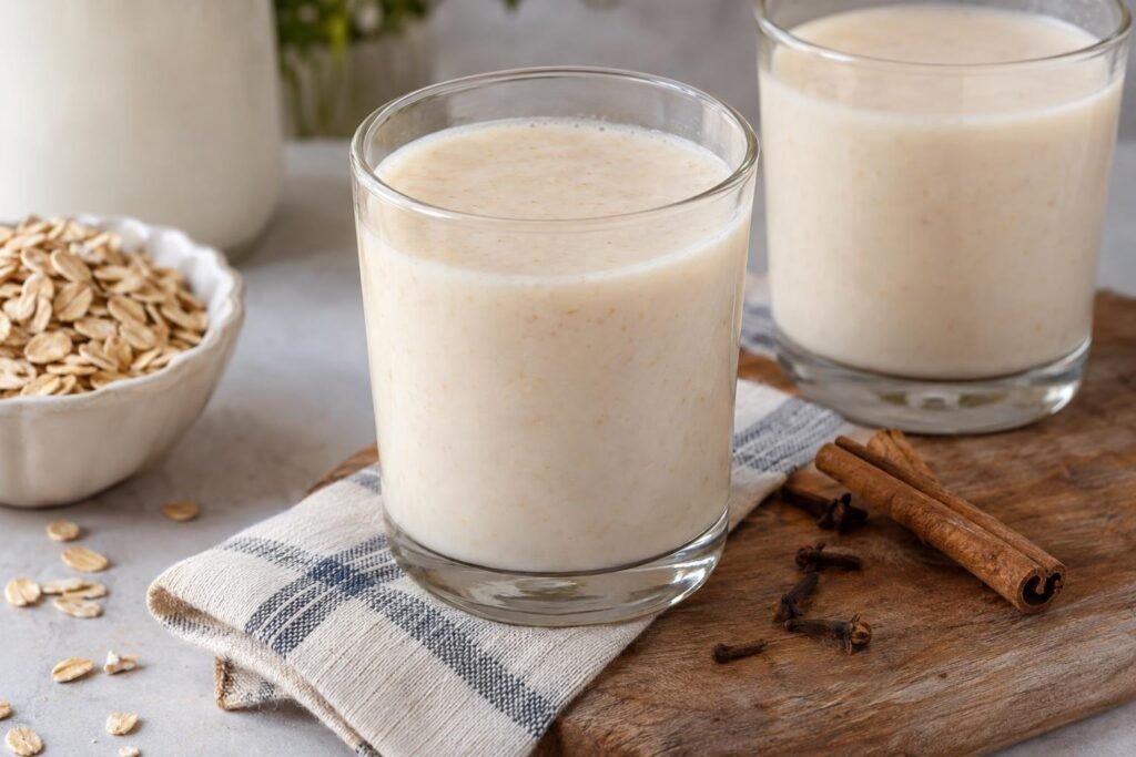 Vasos de avena colombiana fría y cremosa con leche, canela y vainilla