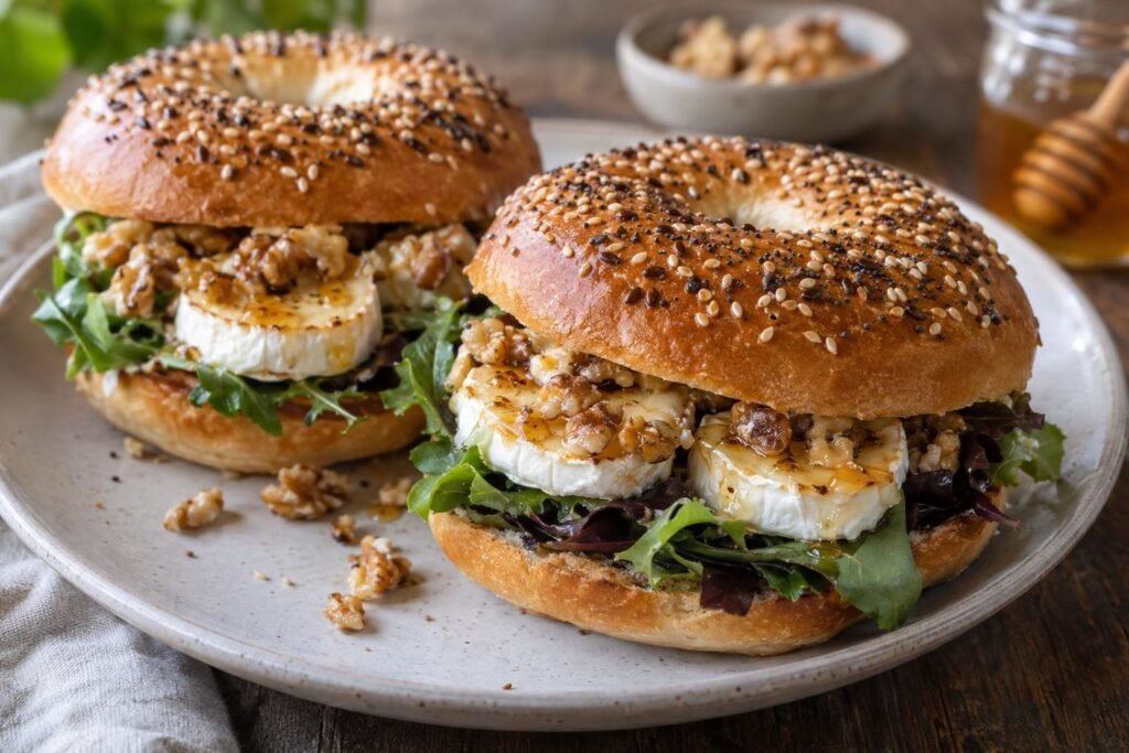Bagel tostado relleno de queso de cabra, hojas verdes, nueces troceadas y miel.