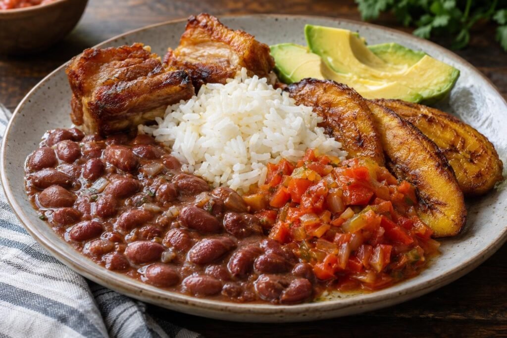 Bandeja paisa colombiana con frijoles, arroz blanco, hogao, chicharrón dorado, plátano maduro y aguacate