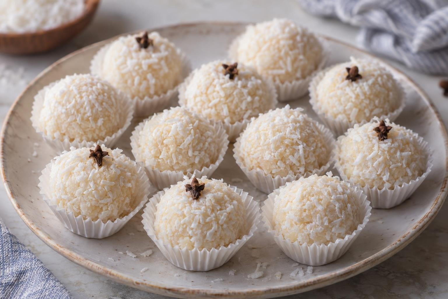 Beijinhos brasileños de coco cubiertos con coco rallado y decorados con clavos de olor en cápsulas de papel