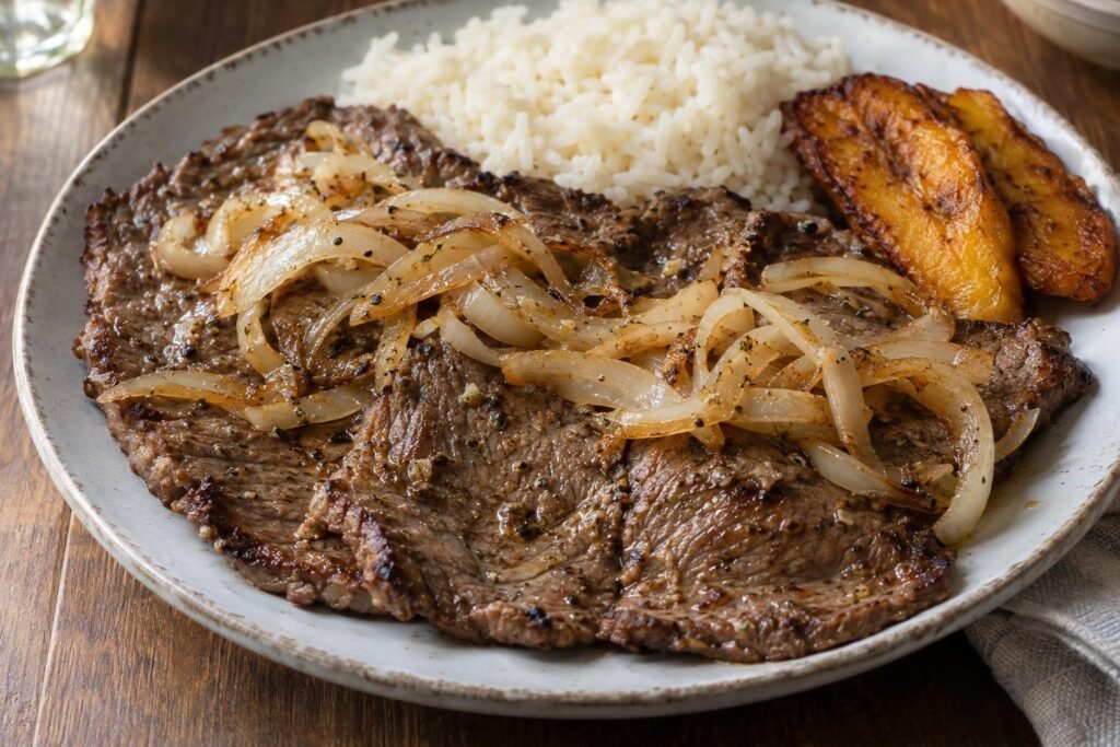 Bistec de palomilla cubano delgado con cebolla dorada, servido con arroz blanco y plátano maduro.