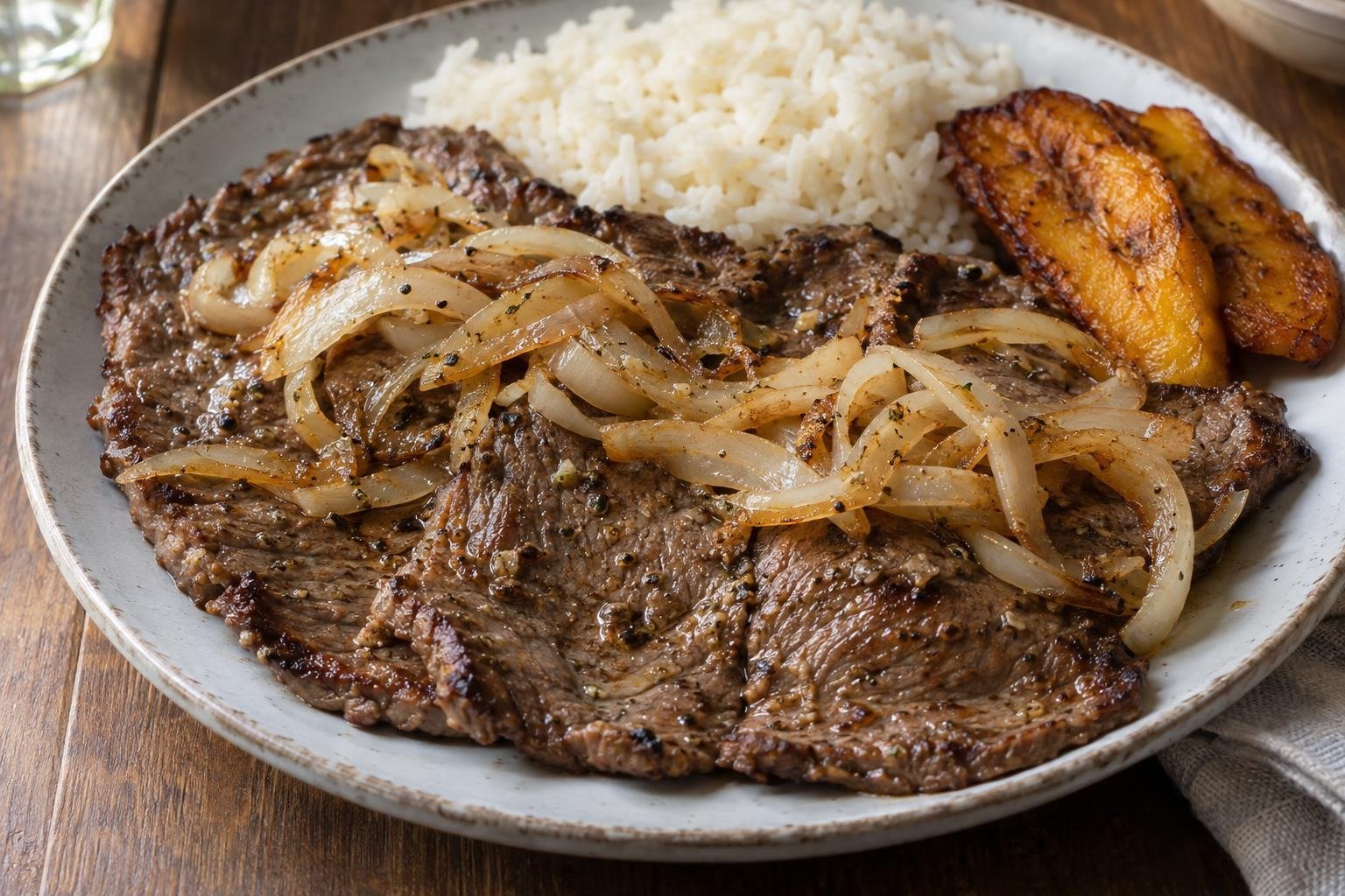 Bistec de palomilla cubano delgado con cebolla dorada, servido con arroz blanco y plátano maduro.