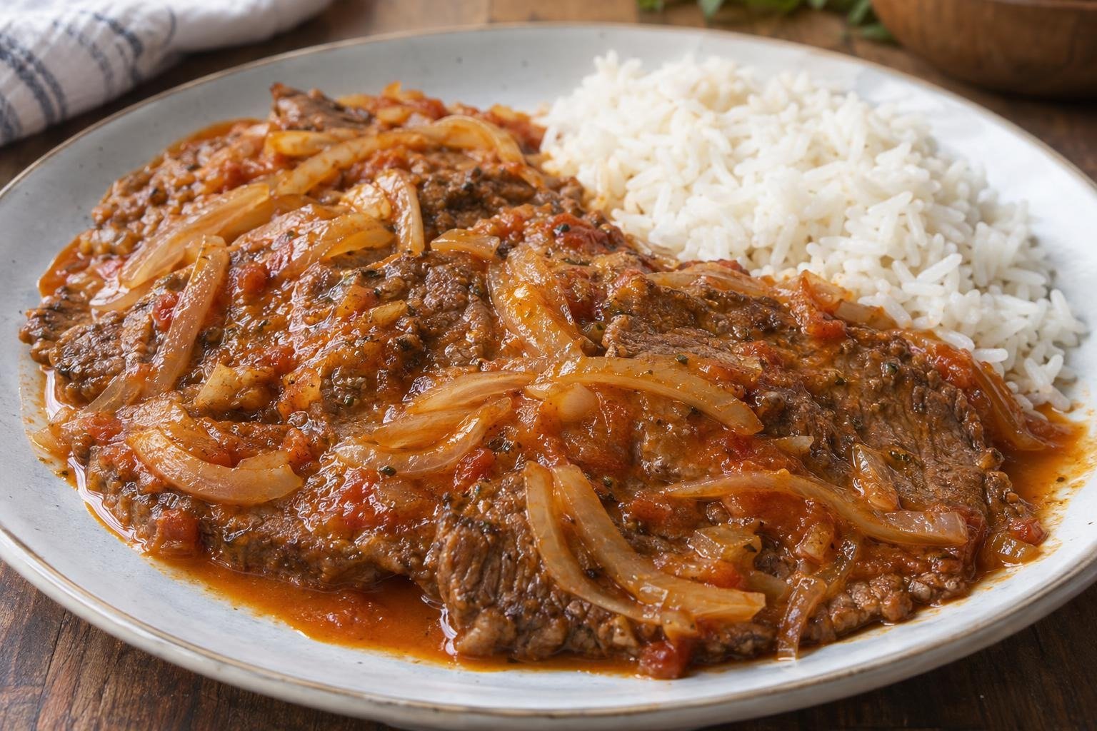 Bistec encebollado puertorriqueño con carne de res delgada, cebolla tierna y salsa de tomate servido junto a arroz blanco.