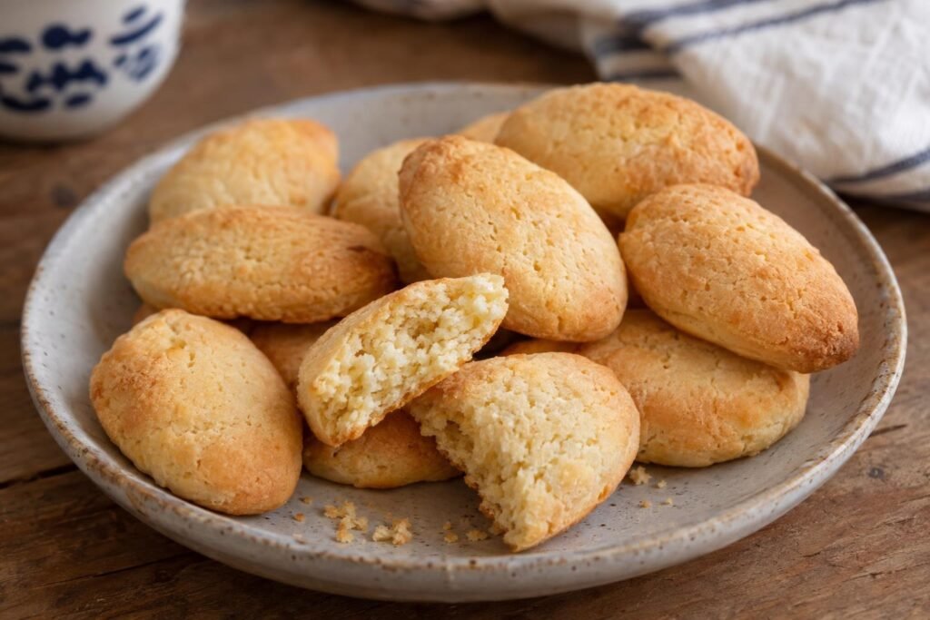 Bizcochos de achira huilenses ovalados y dorados, elaborados con almidón de achira y cuajada, servidos en un plato; uno aparece partido para mostrar su textura quebradiza.