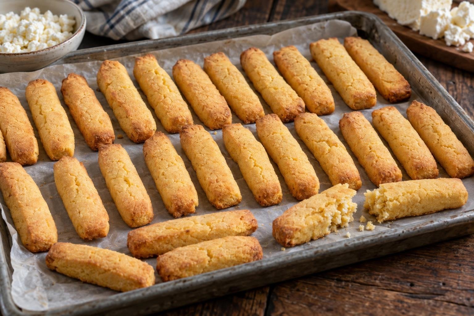 Bizcochos de cuajada huilenses en bastones dorados, firmes y crujientes, servidos en una bandeja junto a una taza de café.