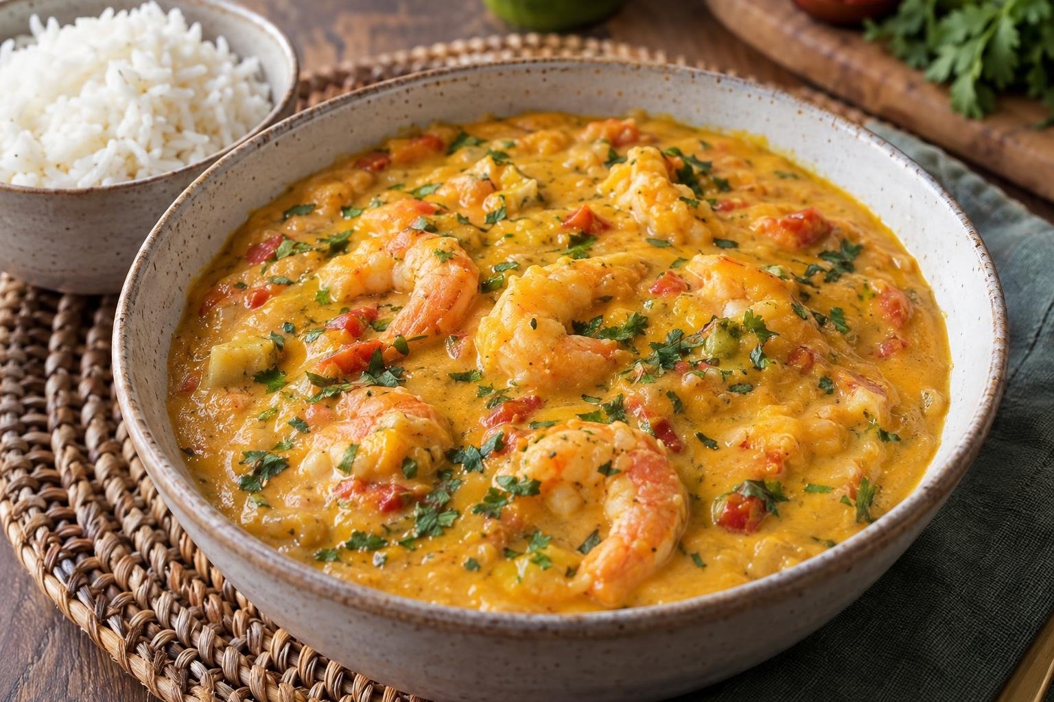 Bobó de camarão brasileño cremoso con camarones, yuca, leche de coco, cilantro y arroz blanco