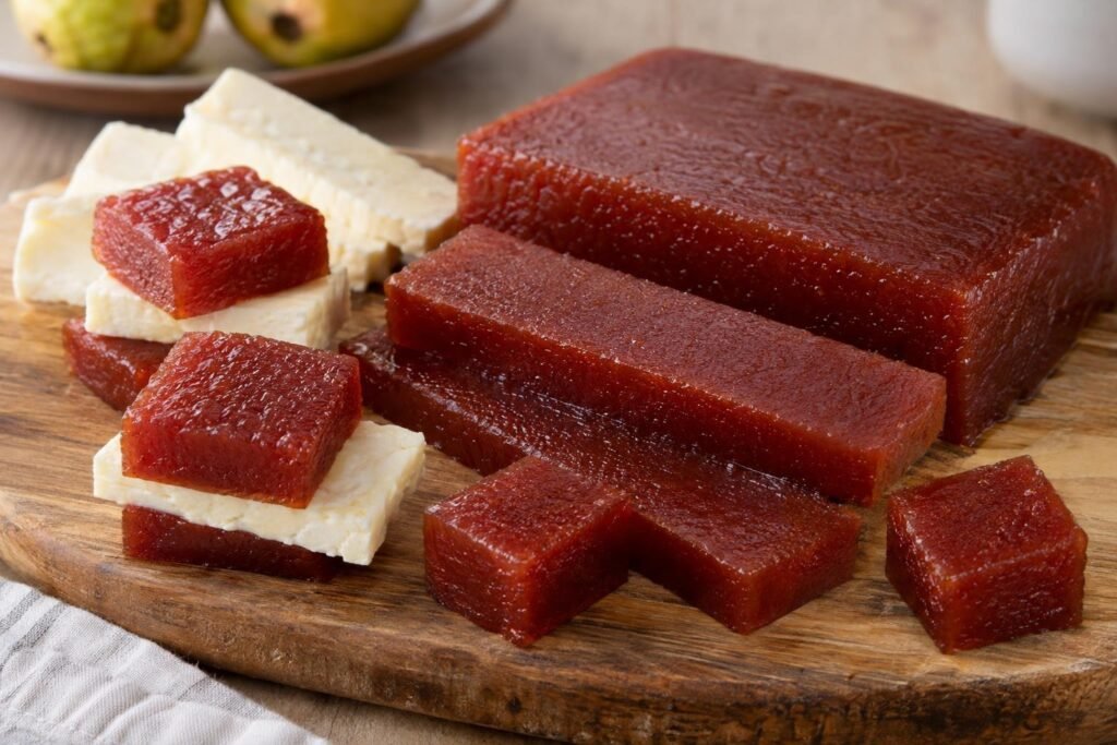 Porciones de bocadillo veleño de guayaba firme, cortadas en barras y servidas con queso blanco.