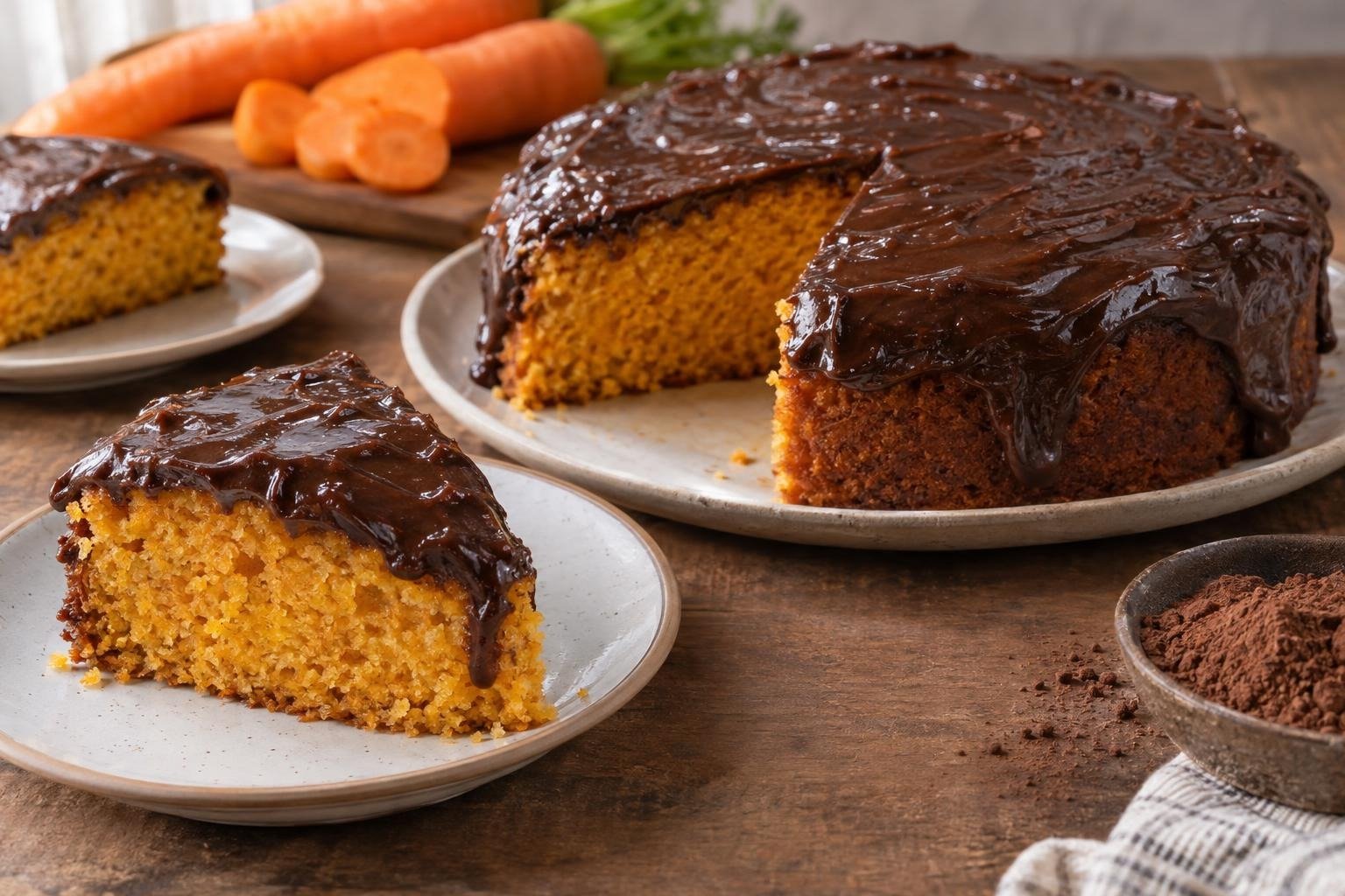 Bolo de cenoura brasileño en porciones, con miga dorada de zanahoria y cobertura brillante de chocolate.