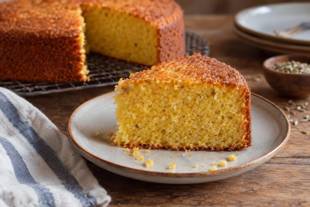 Tajada de bolo de fubá brasileño con miga amarilla y tierna, bordes dorados y semillas de hinojo sobre un plato.