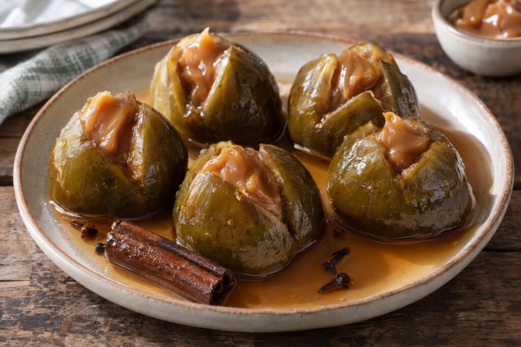 Brevas verdes cocinadas en almíbar y rellenas con arequipe, servidas en un plato con su jarabe de panela.