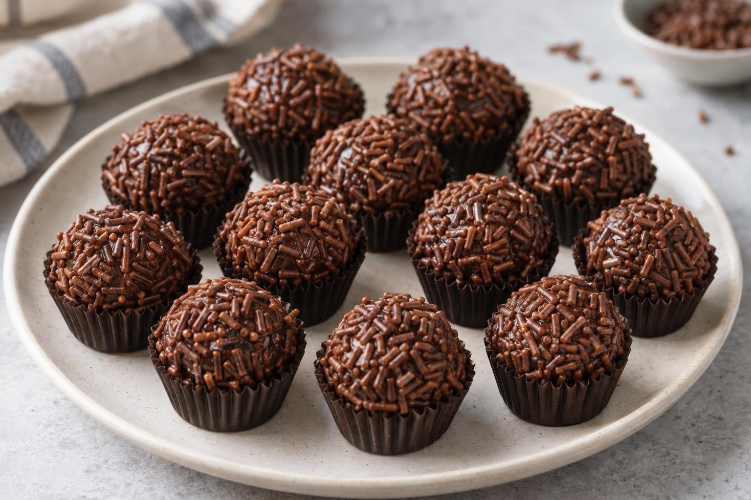 Brigadeiros brasileños de chocolate cubiertos con grageas de chocolate en capacillos sobre un plato