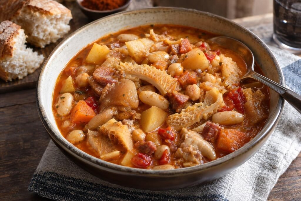 Plato hondo de buseca criolla uruguaya con mondongo, patita de cerdo, porotos, garbanzos, papa y boniato en salsa de tomate espesa.