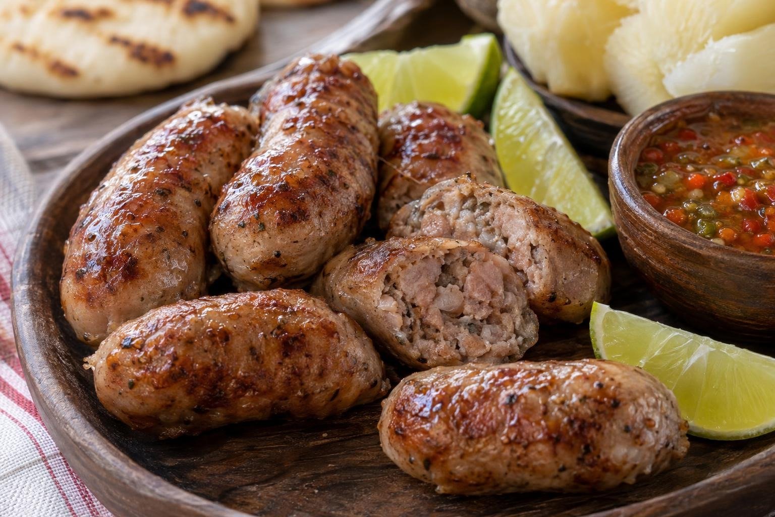 Butifarras soledeñas pequeñas de cerdo, doradas y servidas con limón y ají.