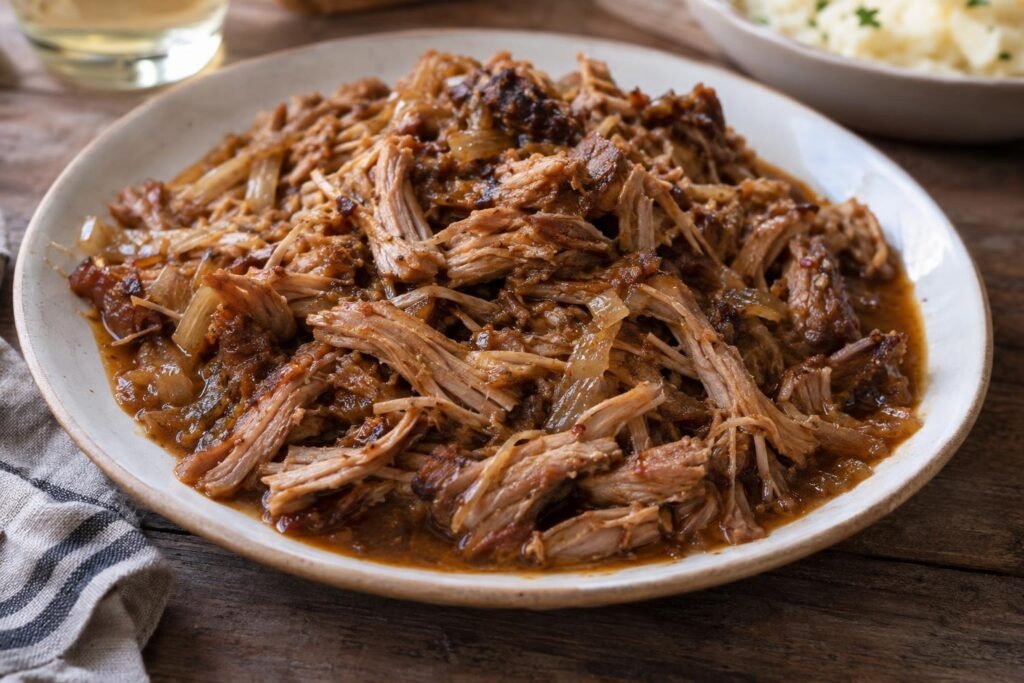 Cabezada de cerdo mechada y deshebrada con salsa de cebolla servida en una fuente.