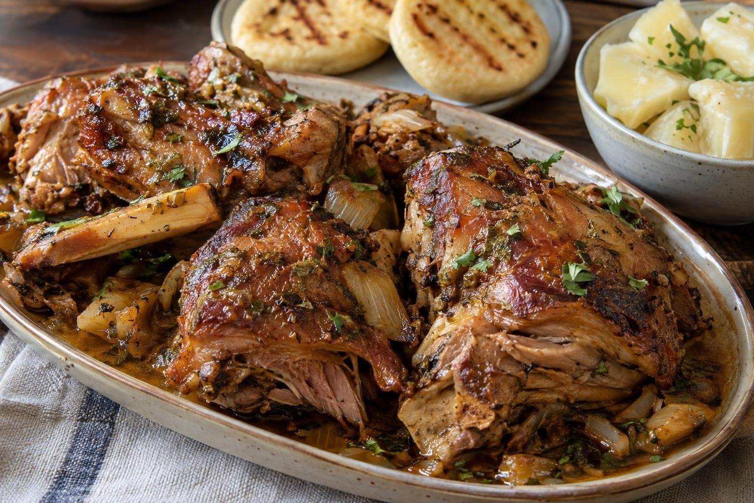 Trozos dorados de cabrito santandereano al horno con salsa de cerveza, cebolla y especias en una fuente.