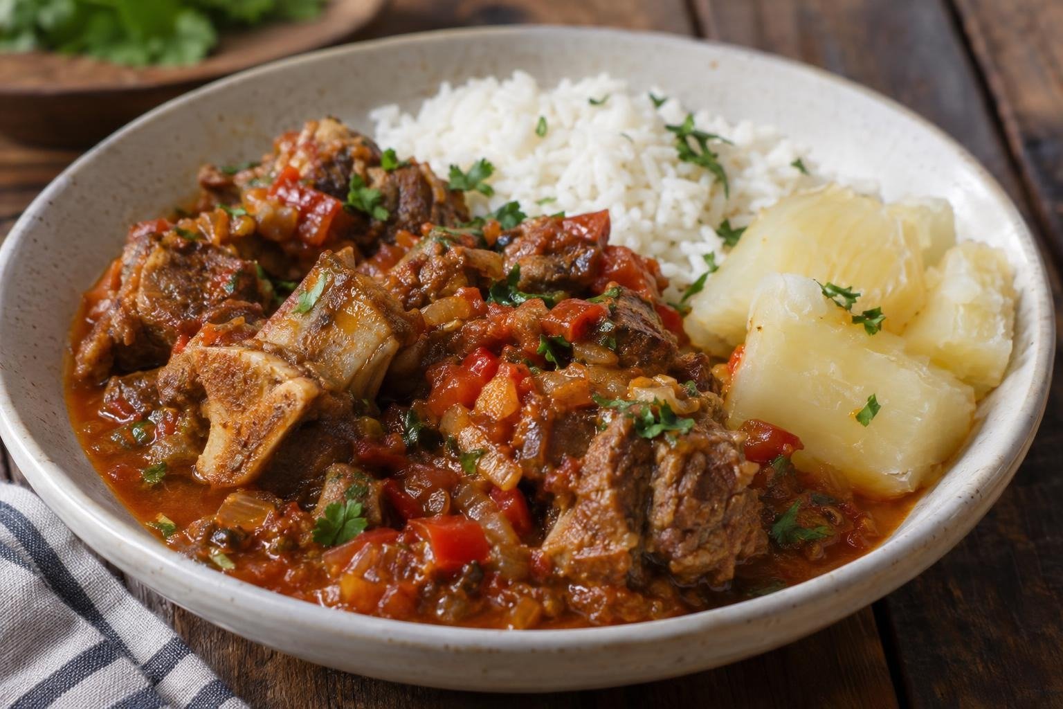 Cabro guisado santandereano tierno en salsa espesa de hogao, servido con arroz blanco, yuca y cilantro.