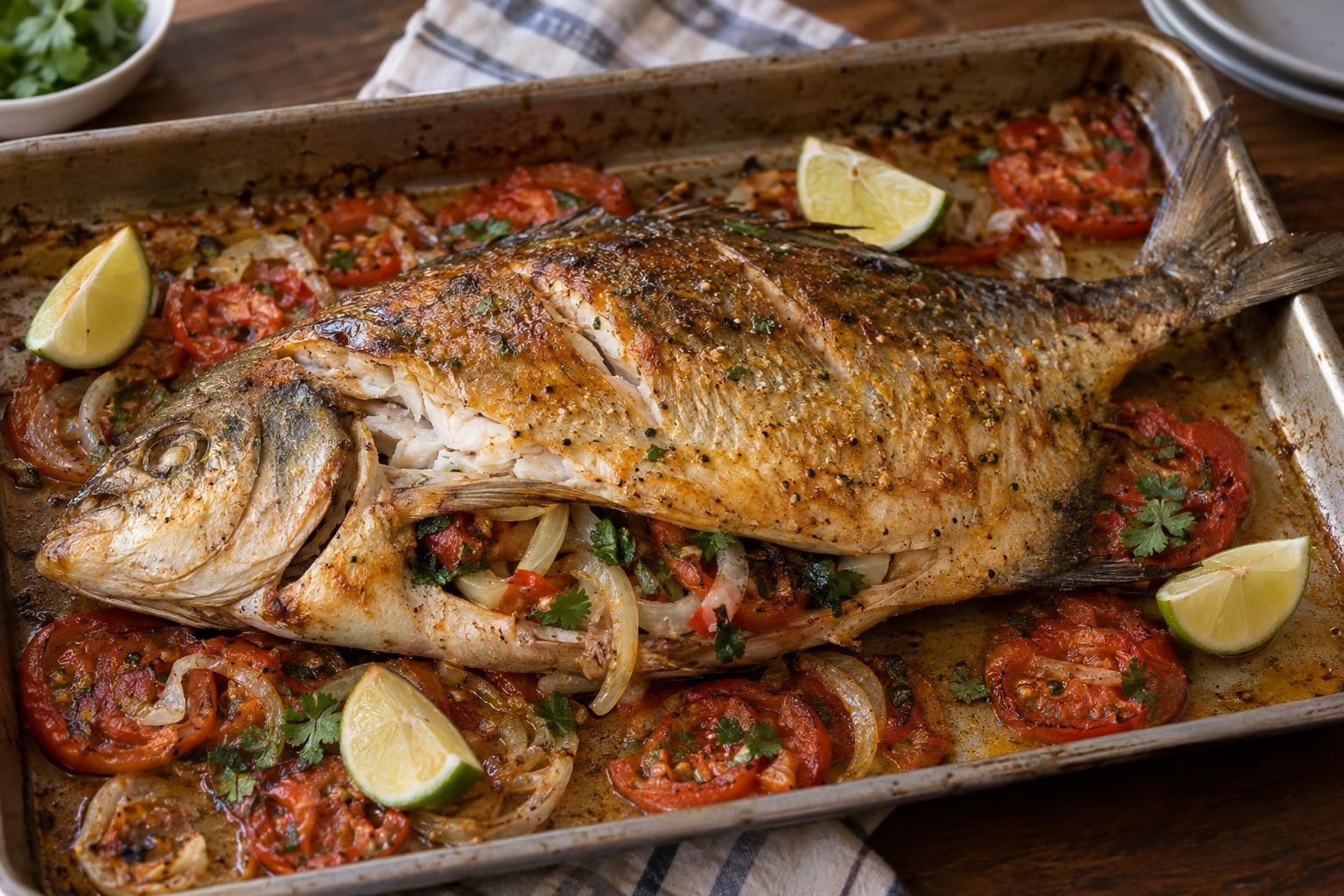 Cachama entera asada al horno, dorada y servida con tomate, cebolla, cilantro y gajos de limón.