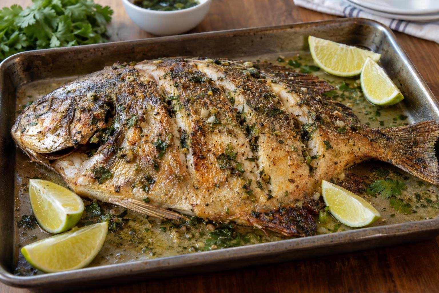 Cachama entera asada al horno con piel dorada, cortes diagonales, hierbas y gajos de limón