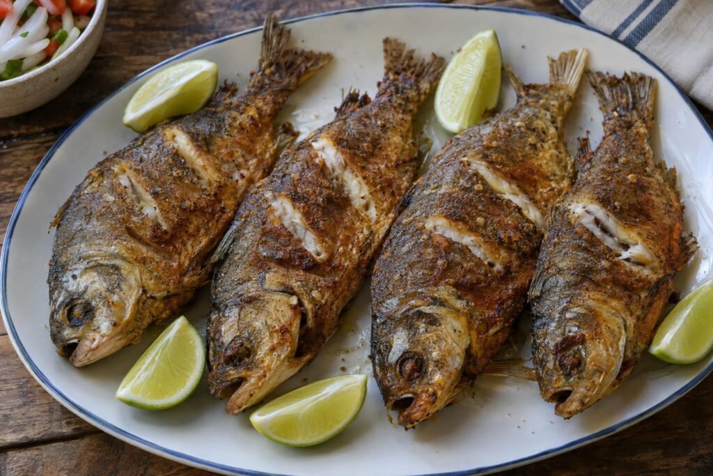 Cuatro cachamas enteras fritas, doradas y servidas con gajos de limón.