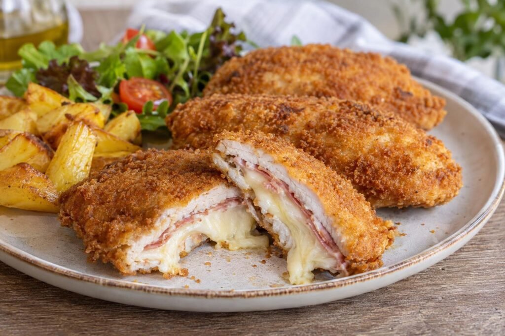 Cachopo de cerdo cortado, con jamón y queso fundido bajo un empanado dorado