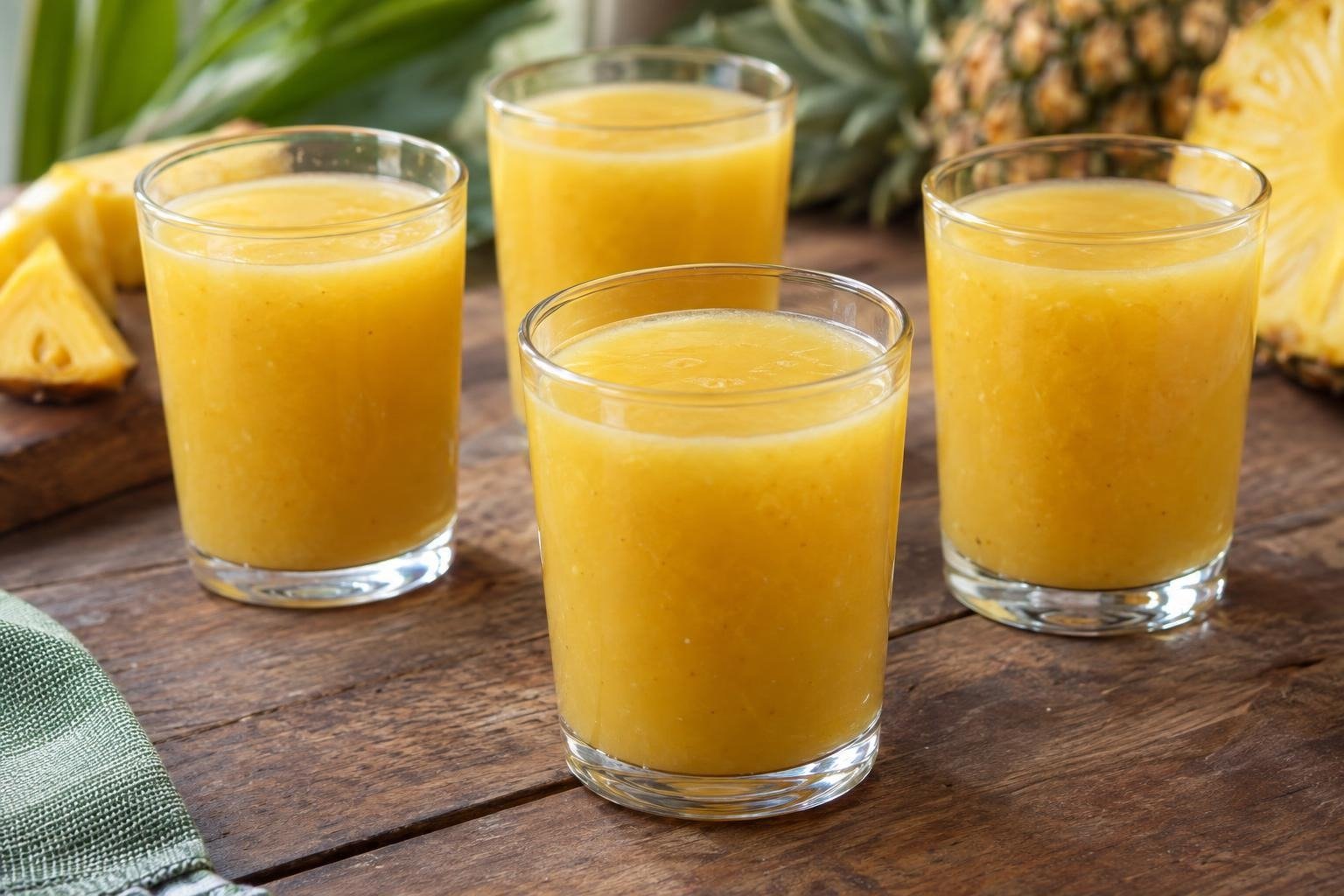 Vasos de caguana de piña amazónica, una bebida dorada y ligeramente espesa preparada con piña y almidón.