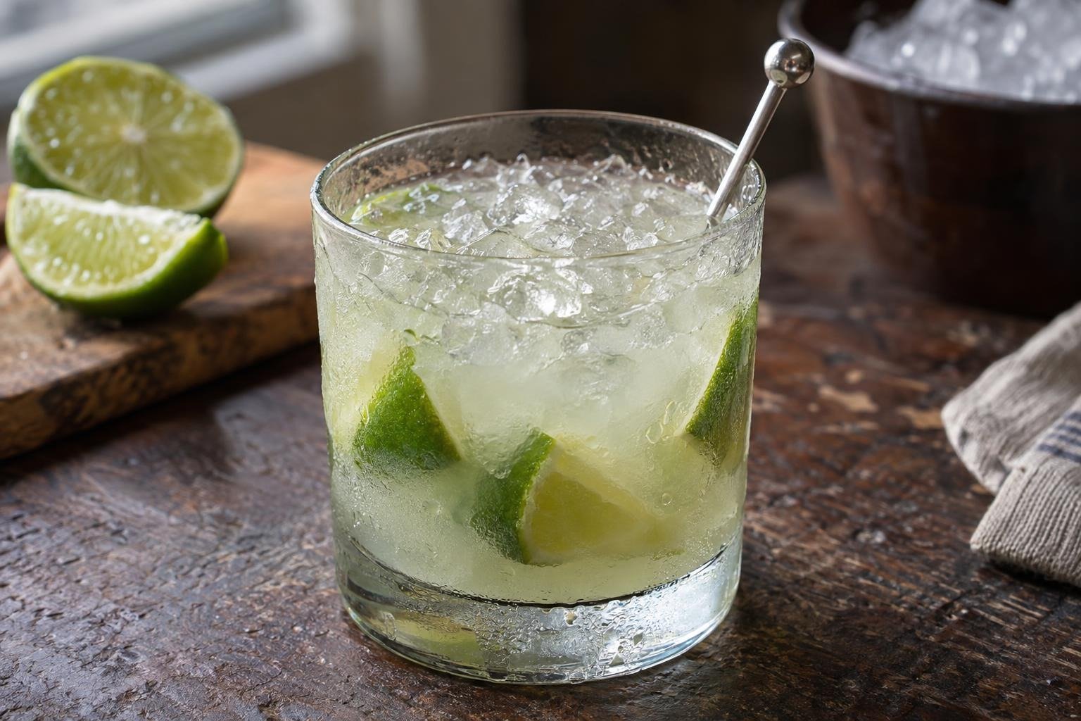 Caipirinha con cachaça, gajos de lima, azúcar y hielo picado servida en un vaso corto